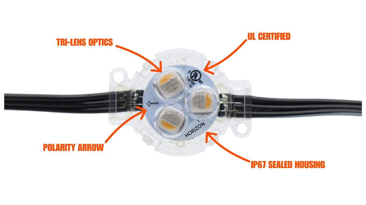 Horizon tri-lens RGBW pixel light with quick-connect harness