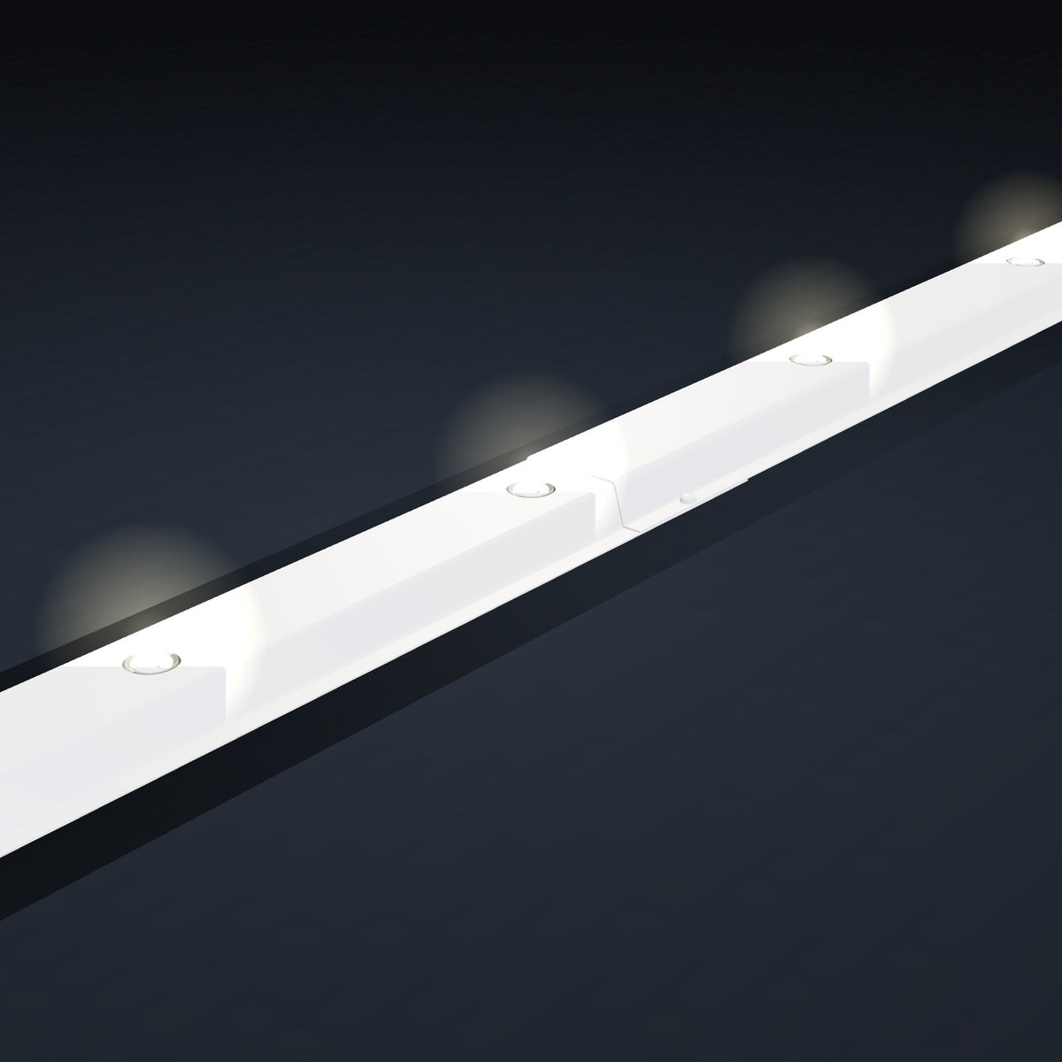 Two pieces of Horizon 3/4 inch hat track overlapping with lights on